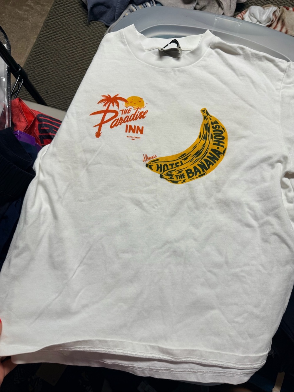 Alemais White Tee with Yellow Banana & Orange Paradise Inn Graphic PRICE IS FIRM